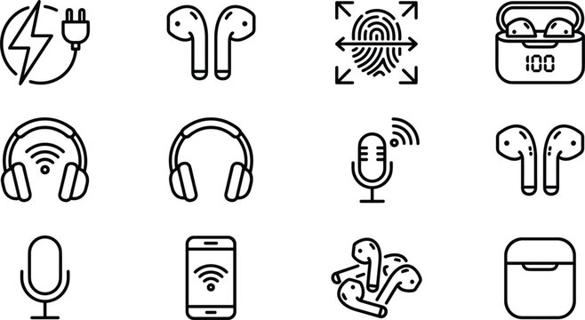 Wireless earbuds and audio technology icon set including headphones microphone fingerprint charging case smartphone digital connectivity graphic elements