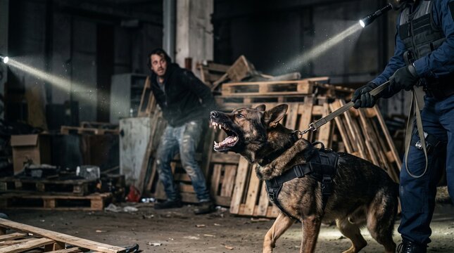 Police officers with K9 unit apprehending a suspect in a dark warehouse.