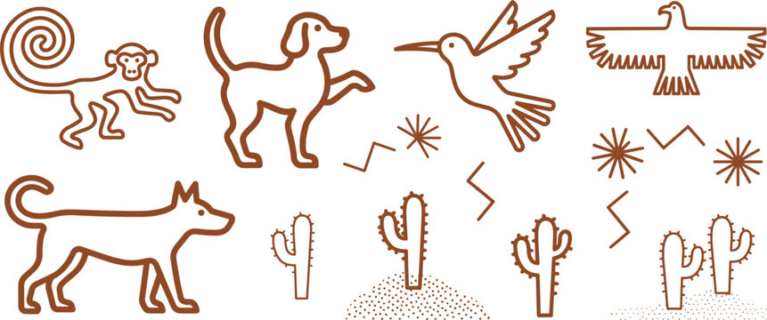 Nazca Lines Inspired Ancient Peru Icon Set with Monkey, Dog, Hummingbird, Condor, Geoglyphs, and Desert Cactus Line Art Symbols for Heritage Designs