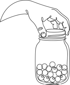 Hand holding glass mason jar filled with small round candies or coins continuous line art vector illustration