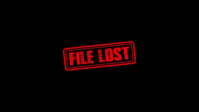 File Lost rubber stamp animation. File Lost Stamp textured bold text motion. Up to down stamp zooming and hit effect 4k video.