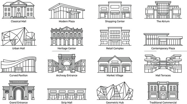 Commercial shopping mall architecture outline icon set featuring retail plaza structures retail complex storefront facades vector illustration