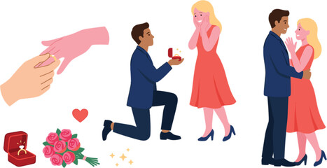 Romantic marriage proposal set with kneeling man engagement ring box and happy couple vector illustration isolated on white