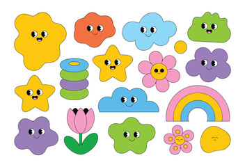 Fototapeta premium Groovy Characters Set: A vibrant collection of retro-inspired cartoon elements, featuring cheerful stars, playful clouds, charming flowers, and abstract shapes with cute, smiling faces.