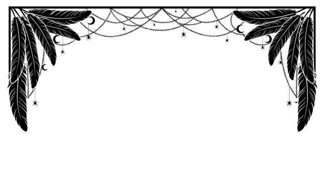 Halloween border Boho feather border vector, celestial native style frame with crescent moon and stars, mystical black line art header isolated on White Background editable svg