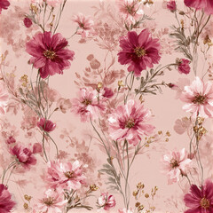 Naklejka premium Dreamy ditsy floral seamless pattern with abundant magenta and pink flowers on soft beige background