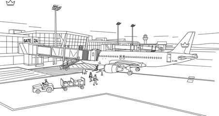 Fototapeta premium Airport terminal line art illustration featuring passenger airplane parked at boarding gate with luggage tractor service