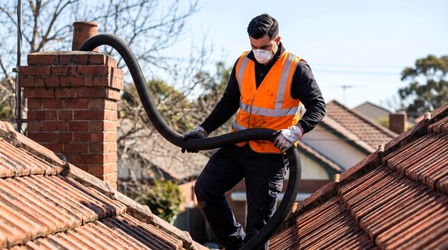 Professional chimney sweep worker cleaning residential house rooftop wearing safety gear and orange vest during a sunny day exterior project