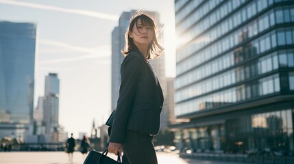 Fototapeta premium 夕暮れの強い逆光が差し込むビル街をバッグに持ってスマートに歩く女性
