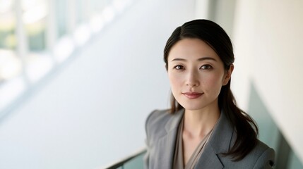 Obraz premium 上品なグレーのジャケットを着用し屋外で穏やかに微笑む女性