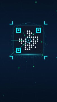 3D Vector Dynamic QR Code Mobile Payment Loop Animation Vertical 9:16 - Cyber FinTech Scanner with Phone Card Transfer and Success Badge