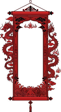 Ornate red dragon scroll with fiery clouds during traditional festival for cultural storytelling