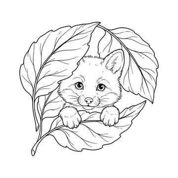 Cute baby fox peeking through leaves line art drawing for coloring book page
