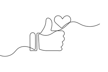 Obraz premium Hand thumbs up gesture isolated continuous line drawing on white background