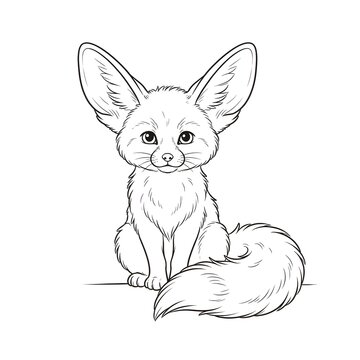 Cute fennec fox sitting, black and white line art drawing for coloring book page.