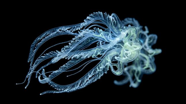 Bioluminescent jellyfish drifting through the dark deep sea currents as a glowing marine creature with delicate tentacles floating in the expansive underwater habitat during a quiet nocturnal