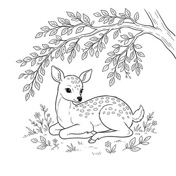 Cute baby deer fawn resting under a tree branch, hand drawn black and white line art illustration