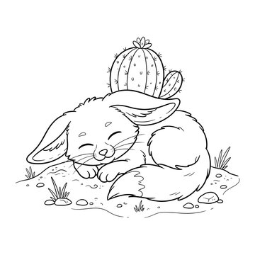 Cute fennec fox sleeping by a cactus, hand drawn line art illustration for coloring page.