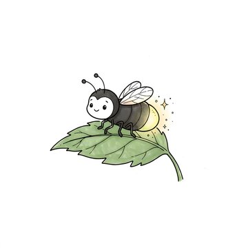 Cute cartoon firefly sitting on a green leaf, whimsical insect illustration on white background