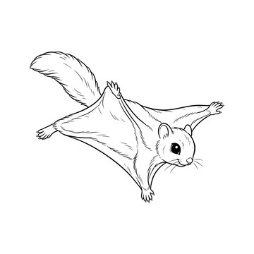 Flying squirrel illustration gliding in mid-air, hand drawn sketch of a small rodent.