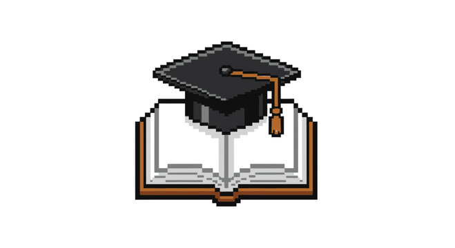 Pixel art graduation cap on an open book