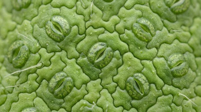 Microscopic view of green plant stomata and cellular structure