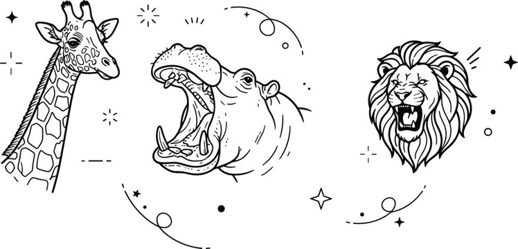 African Safari Animal Vector Set featuring Giraffe Head Profile, Roaring Hippopotamus with Open Mouth, and Wild Lion Face Line Art Graphic Designs