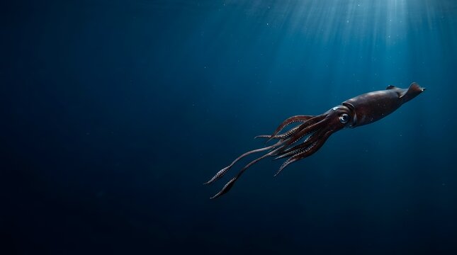 A giant squid swims deep within the vast dark ocean waters where sunlight filters from above to illuminate the movement of this marine creature as it navigates through the mysterious liquid abyss