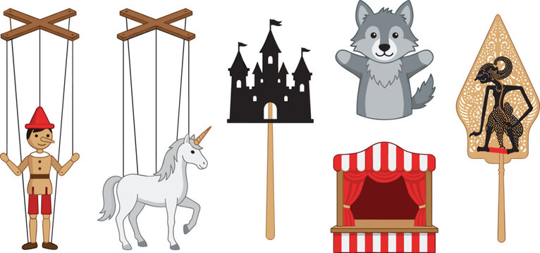 Traditional Puppet Theater Icon Set with Pinocchio Marionette, Unicorn, Shadow Castle, Hand Wolf, Wayang Kulit, and Stage Stage Vector Elements