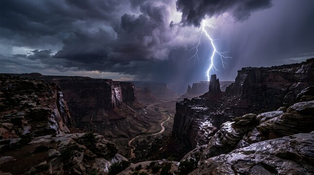 Dramatic lightning strike over a dark desert canyon landscape