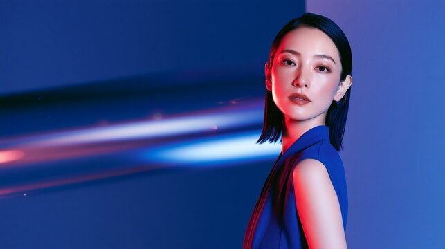 ネオンブルーのサイバー光の軌跡の中でクールに振り返る女性