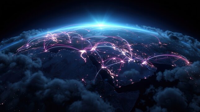 A digital global network map representing connectivity across Middle East and North Africa regions with light trails.