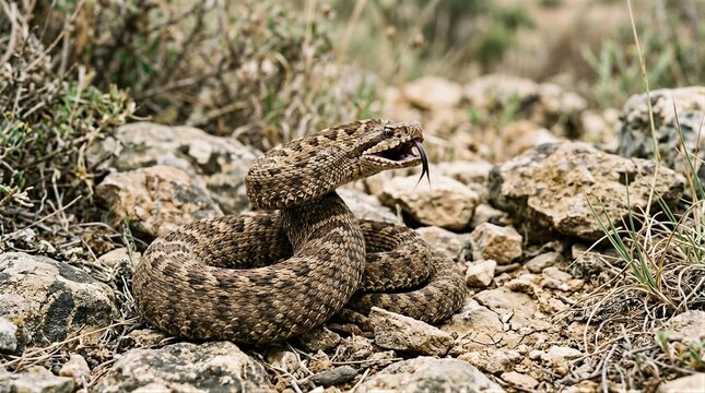 Rattlesnake coiled and tongue flicking on rocky ground