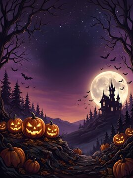 Vertical Halloween background artwork showing a pathway of glowing jack o lanterns leading to a creepy haunted castle on a hill under the full moon.
