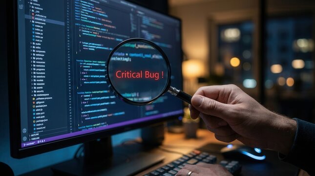 A programmer examining source code on a monitor to identify a critical bug with a magnifying glass.