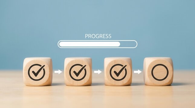 A project management workflow concept with wooden blocks and a progress loading bar.