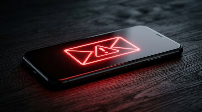 A red phishing email scam and malware warning displayed on a mobile smartphone screen.