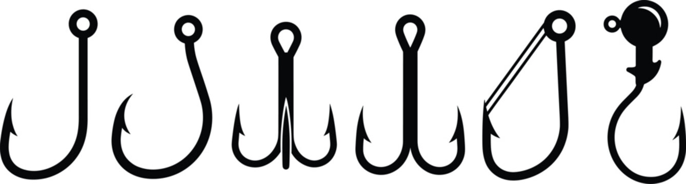 Collection of diverse fishing hooks arranged in horizontal line showcasing single, double, treble, and jig hook designs for angling, baiting, and sport fishing use