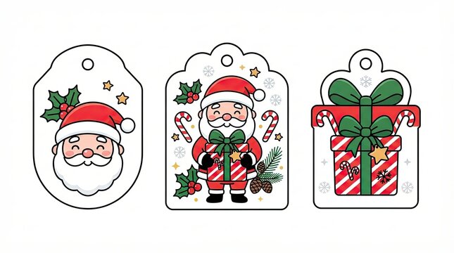 Set of cute christmas gift tags with santa claus and present boxes