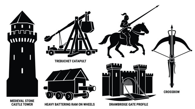 Medieval warfare set featuring stone castle tower, trebuchet catapult, knight on horseback, crossbow, battering ram, and drawbridge