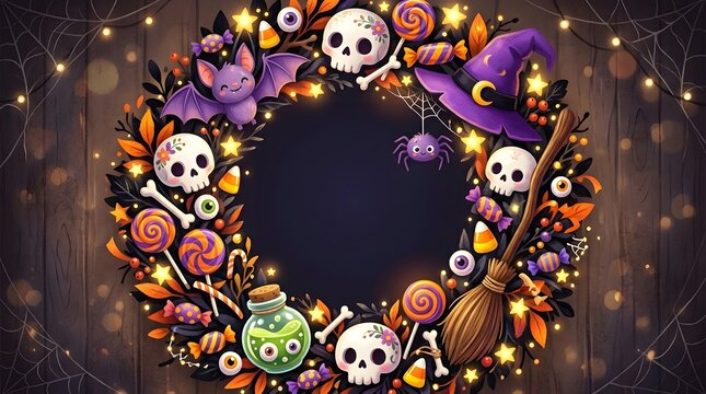 Dark and mysterious Halloween wreath frame featuring skulls, witch hat, potion, and magic elements with glowing lights bokeh in the dark background.