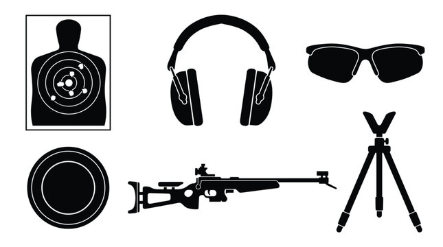 Shooting range and hunting set featuring human target, protective ear muffs, safety glasses, clay pigeon, rifle, and tripod stand