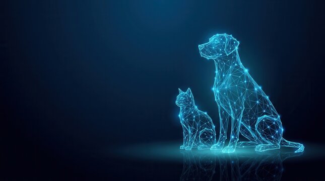 Abstract blue glowing lines forming a digital cat and dog on a dark background.