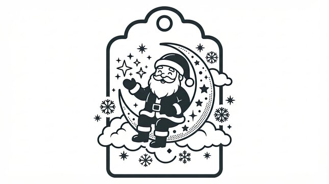 Santa claus sitting on a crescent moon inside a decorative holiday tag