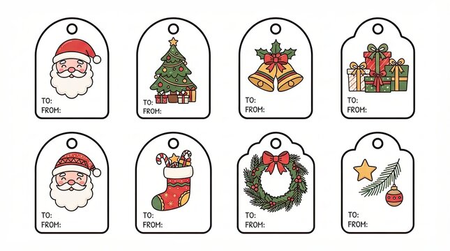 Set of cute christmas gift tags with festive holiday icons and drawings