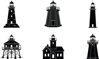 Obraz premium Lighthouse silhouette icon set featuring traditional stone tower, wooden deck lighthouse, tall narrow balcony design, stilted structure, house‑attached lighthouse, and ornate railing base illustration