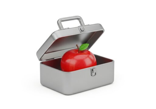 Red apple in an open silver metal lunchbox on white background