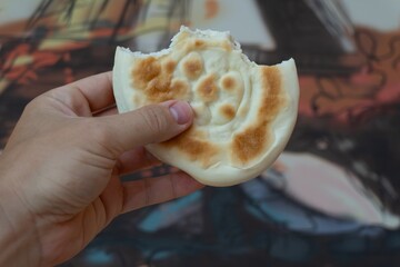 Person holding flatbread in front of colorful mural © IbragimovN