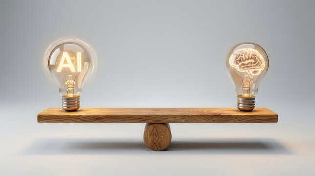 Artificial intelligence and human brain lightbulbs balanced on a wooden seesaw.