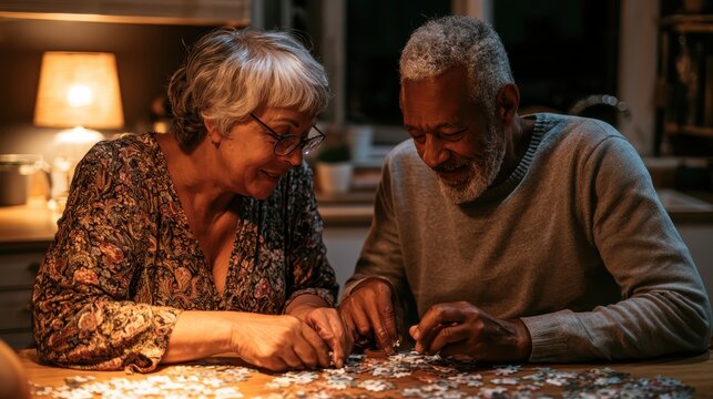 Senior couple assembling a jigsaw puzzle by warm lamplight